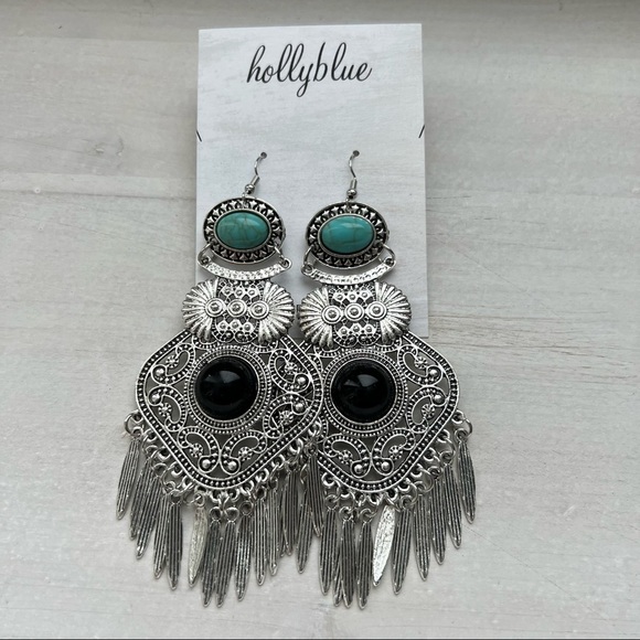 Boho Silver and Turquoise Tassel Oversized Dangle Retro Artsy Tribal Earrings - Picture 3 of 12